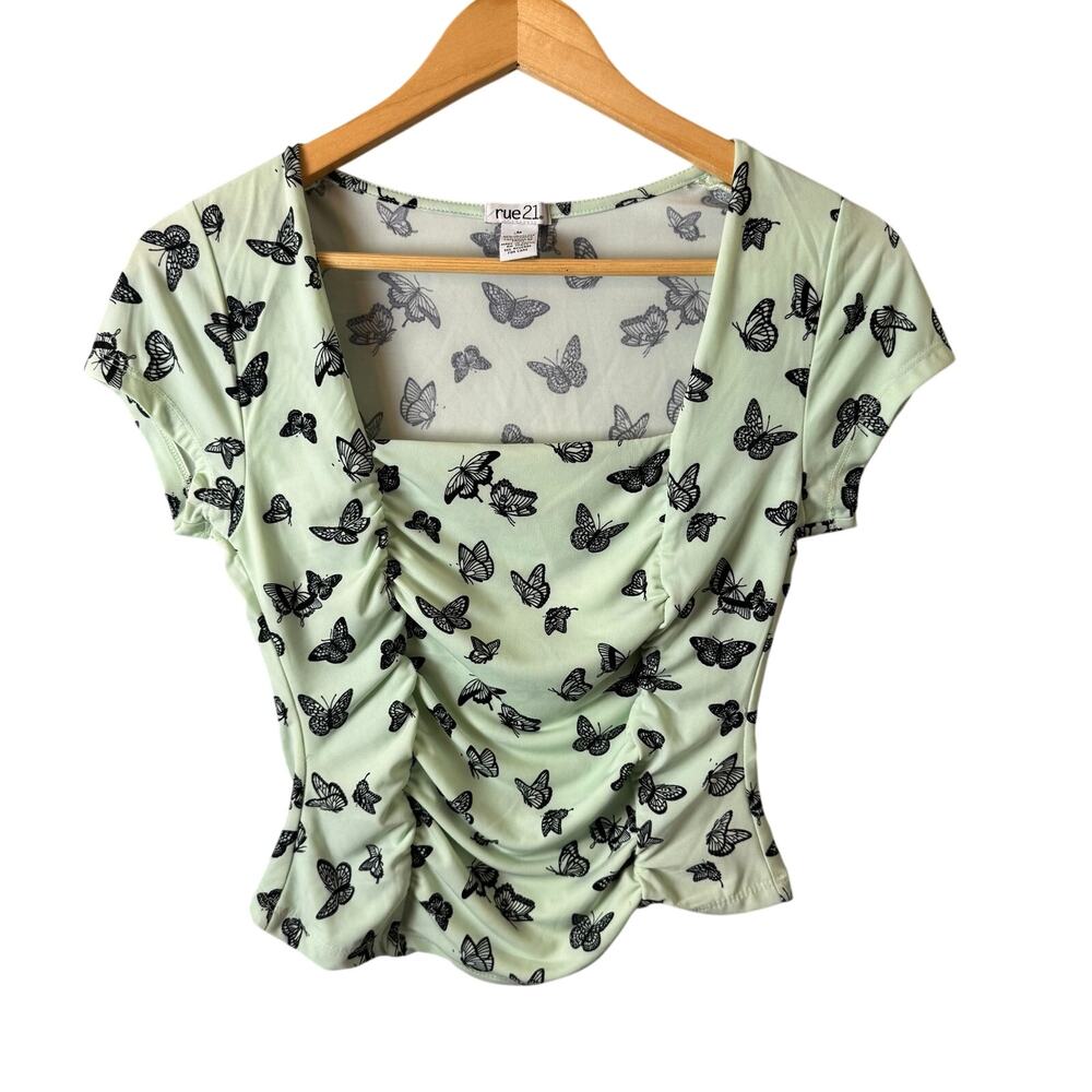 Y2K Crop Top Butterfly Print green short-sleeve ruched rue21 allover square neck
